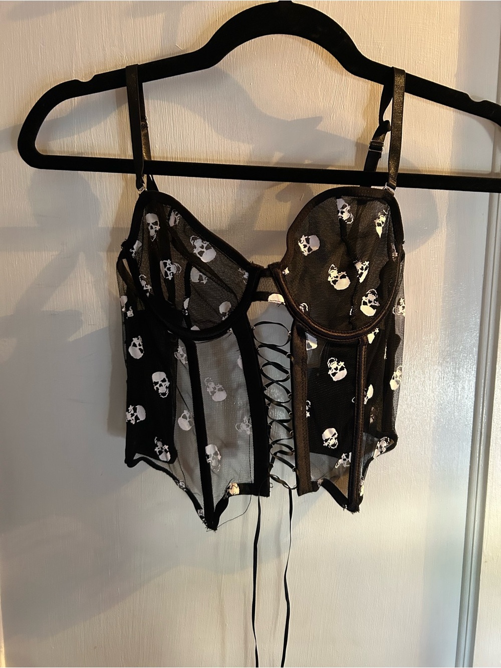 LAST CALL. Black Skull Mesh Lace-Up Bustier Top for Women NWT